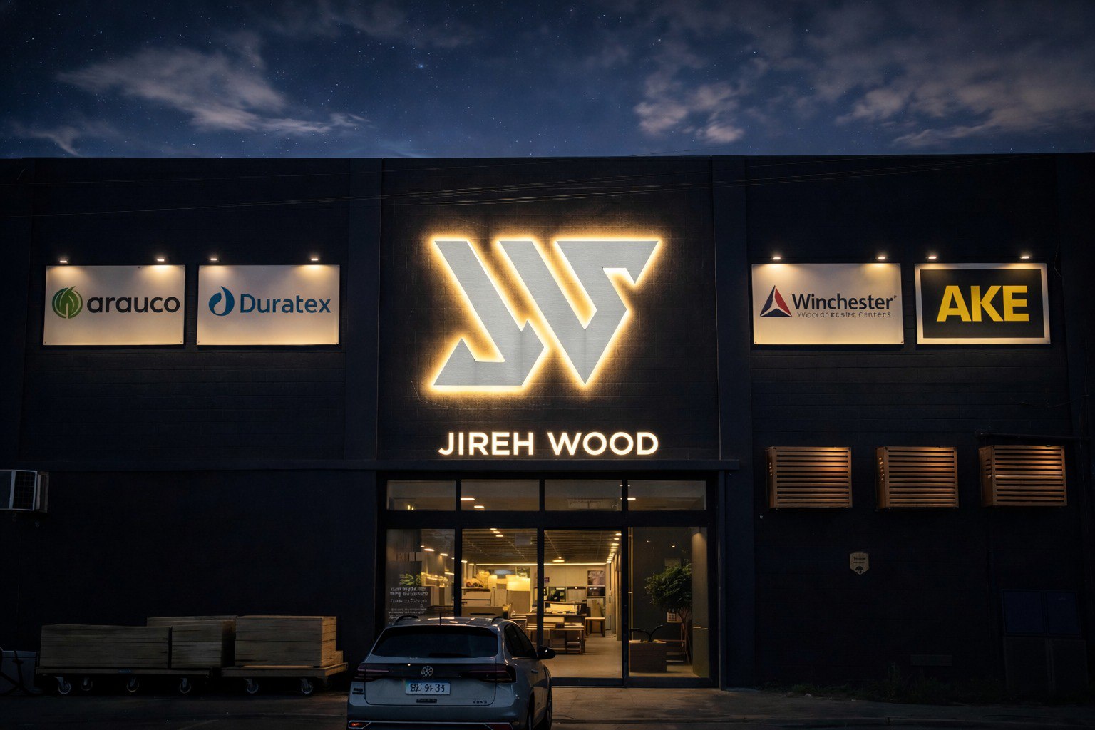 Fachada iluminada da JWS Distribuidora